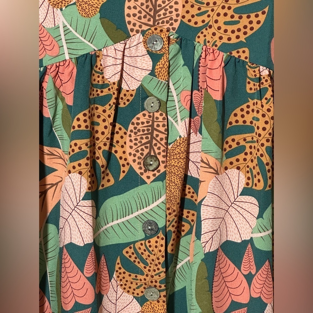 Green Orange Floral Tropical V- Neck Dress Size Large Flowy Tropical Boho - Picture 3 of 5